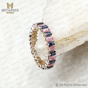 Baguette-anillo de boda hecho a mano, piedra preciosa de zafiro azul y rosa, oro amarillo de 14k sólido, diseñador Eternity - Product Image 6