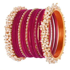 Conjunto de pulseras de terciopelo con perlas de imitación, joyería tradicional étnica india, color rosa