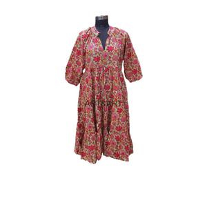 Robe mi-longue trapèze bohème d'été, en coton indien imprimé à la main, motif floral vintage, écologique, pour occasions formelles ou professionnelles - Product Image 3