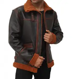 Aviator Pilot B3 RAF WW bomber Flight Jacket shearling Dark Brown leather jacket for Men Winter Warm leather jacket Fur lining