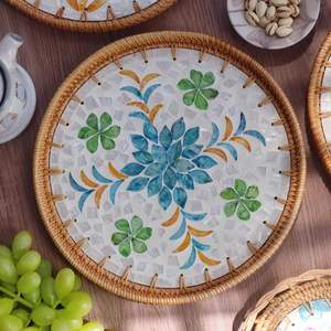 Bandeja de Servicio de Ratán, Mesa de Centro, Bandejas de Servicio con Incrustaciones de Nácar, Decoración Boho, Bandeja de Mimbre Tejida Decorativa, OEM ODM - Product Image 4