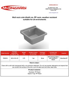 อ่างล้างหน้าติดผนัง Mongardi Pilozzo 39 ผลิตในอิตาลี 100% ประกอบง่าย วัสดุเรซิน PP เหมาะสำหรับโรงรถ ห้องน้ำ ระเบียง - Product Image 5