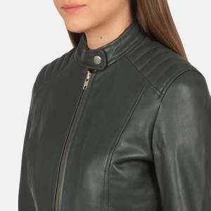 Chaqueta de Cuero Verde con Cuello Alto Estilo Motero para Otoño - Product Image 6