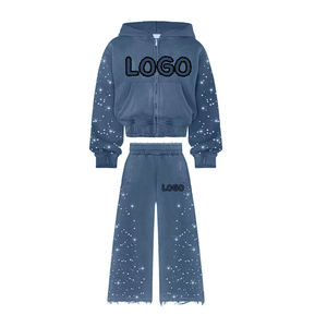 Ensemble survêtement homme streetwear décontracté personnalisé, avec sweat à capuche et pantalon de survêtement évasé, zippé, coloré, effet vieilli, strass, délavé à l'acide, hiver - Product Image 6