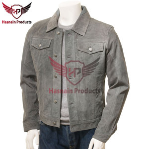 เสื้อแจ็คเก็ตหนังกลับสีเทาแท้สำหรับผู้ชาย ทรงเข้ารูป สไตล์ Trucker Biker วินเทจ หนังวัวแท้แบบดิสเทรส เสื้อโค้ทคลาสสิกสั่งทำพิเศษ เสื้อคลุมกันหนาวแบรนด์ดัง - Product Image 2