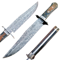Couteau Bowie artisanal en acier Damas inoxydable à motif plume, manche en Micarta, étui en cuir fin, survie, chasse en plein air, OEM