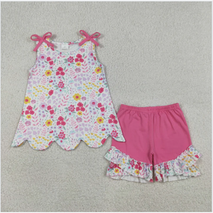 GSSO3391 Conjunto de pantalones cortos para niñas con borde festoneado en rosa florido - Product Image 1