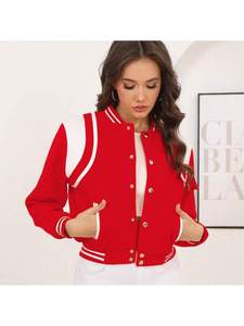 Chaqueta Universitaria Corta de Mujer, Estilo Béisbol, Bordada, Transpirable, con Forro de Lana y Cuero Genuino, Ligera - Product Image 5