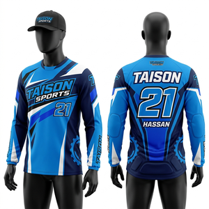 เสื้อเจอร์ซีย์มอเตอร์ครอสผู้ชาย 140 GSM ผ้าโพลีเอสเตอร์ตาข่าย ระบายอากาศได้ดี สีน้ำเงินดำ ดีไซน์แผงสี  ลายพิมพ์แบบซับลิเมชั่น  โลโก้สั่งทำได้  ทรงสำหรับแข่งรถ - Product Image 1