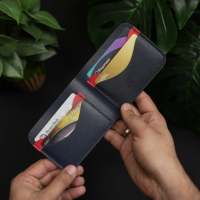 Dompet Kulit Asli Tanpa Lapisan (Full-Grain) Buatan Tangan No.80 Slim Handmade Fair Trade, Jahitan Tangan Gaya Prancis, Model Bifold untuk Pria (Warna Navy)