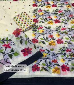 Soft Linen Cotton <b>Saree</b> with <b>Jamdani</b> prints Style Aari Mirror Work and Pallu Tassles for Women in Stock - Product Image 4