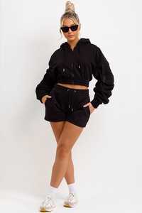 Hot Selling Black 2 Piece Women's <b>Ruched</b> Crop Zip Hoodie And <b>Shorts</b> Tracksuit Set Women's Breathable Tracksuit Set Two Piece Set - Product Image 2