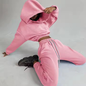 Femmes Automne Hiver Sports Fitness 2 Pièces Jogger Survêtement Ensemble Cropped Hoodie Sweatpants avec Sexy Design Solid Pattern - Product Image 6