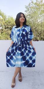 ใหม่แบบดั้งเดิม 2024 ฤดูร้อนสวมผูกและย้อมผ้าฝ้ายพิมพ์ Kaftan สั้น ชุดชายหาดสําหรับผู้หญิง - Product Image 2