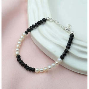 Vintage Black Spinel & Pearl Bracelet with Diamond Rhodium Plated for Gift <b>Charm</b> <b>Bangles</b> Beaded Style - Product Image 2