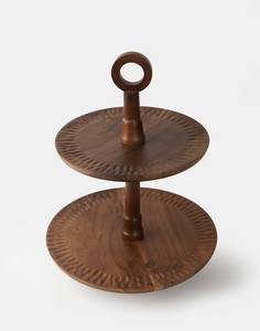 Premium Wooden <b>Two</b> <b>Tier</b> Serving <b>Stand</b> with Textured Plates and Strong Ring Handle Perfect for Events Kitchen Styling - Product Image 5
