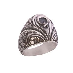 925 Sterling <b>Silver</b> Men's <b>Ring</b> with Crescent Moon Star Natural Stone Engraved <b>Statement</b> Style Everyday Wear Fine Fashion Jewelry - Product Image 2