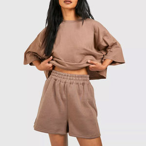 Ensemble deux pièces d'été pour femme : T-shirt court oversize 100 % coton à col ras du cou et short coupe droite à épaules tombantes, manches courtes, style streetwear - Product Image 1