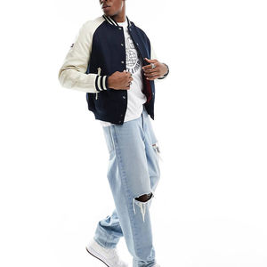 Chaqueta universitaria de manga de cuero informal con soporte personalizada para hombre, chaquetas de lona tejidas de invierno, decoración bordada con letras de béisbol - Product Image 2