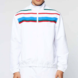 Conjunto Deportivo Personalizado de Invierno Blanco con Franjas Rojas, Azules y Verdes, Chaqueta con Cierre Completo y Pantalones, Conjunto Atlético de Dos Piezas para Hombre, 100% Algodón - Product Image 2