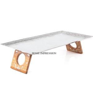 Plateau en métal artisanal décoratif avec pieds en nacre, design artistique élégant, intérieurs de mariage modernes, résistant à la chaleur - Product Image 4