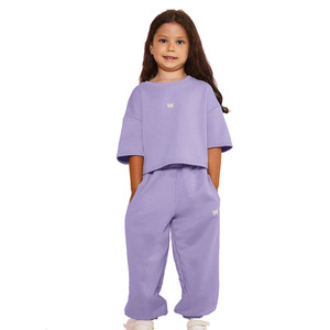 Girls Purple Crop Top & Pants Set Crew Neck Short Sleeve Loose Fit Embroidery Design All Seasons Children's Wear - Product Image 6