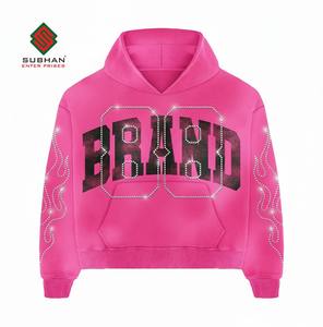 Sweat à capuche pour homme personnalisé vintage respirant en coton 100% tricoté imperméable avec impression à l'écran et strass lavage à l'acide - Product Image 3