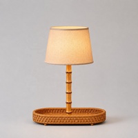 Lampe de table DC sans fil rechargeable en bambou avec plateau oblong en rotin et abat-jour double pour buffet, présentation et décoration intérieure