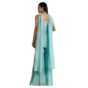 Venta al por mayor azul cielo Chinon Sharara traje con gargantilla estilo Dupatta para fiesta festiva desgaste boda recepción pedidos étnicos personalizados - Product Image 3