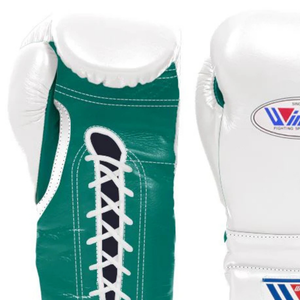 ถุงมือชกมวยแบบผูกเชือก Winning สีขาว-เขียว หนังแท้ สำหรับฝึกซ้อมและแข่งขันระดับมืออาชีพ คุณภาพพรีเมียม ขนาด 8 ออนซ์ 10 ออนซ์ - Product Image 2