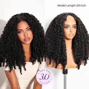 Perruque brésilienne naturelle en V sans colle, cheveux humains bouclés bruts birmans pour femmes, perruque noire en gros - Product Image 2