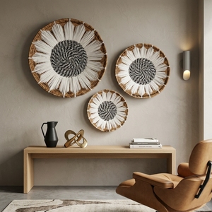 Ensemble de paniers en macramé en plastique recyclé à base de peau de banane naturelle, décoration murale tournesol, plateau rond peu profond, pour une mise en scène artistique pure et une décoration d'intérieur artisanale - Product Image 5