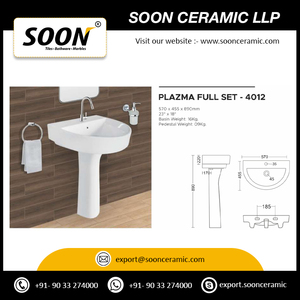 Lavabo Semipedestal de Diseño Moderno y Lujoso con Set de Lavamanos, Acabado Pulido en Piedra Travertino, Cerámica Sanitaria de Alta Calidad - Product Image 3