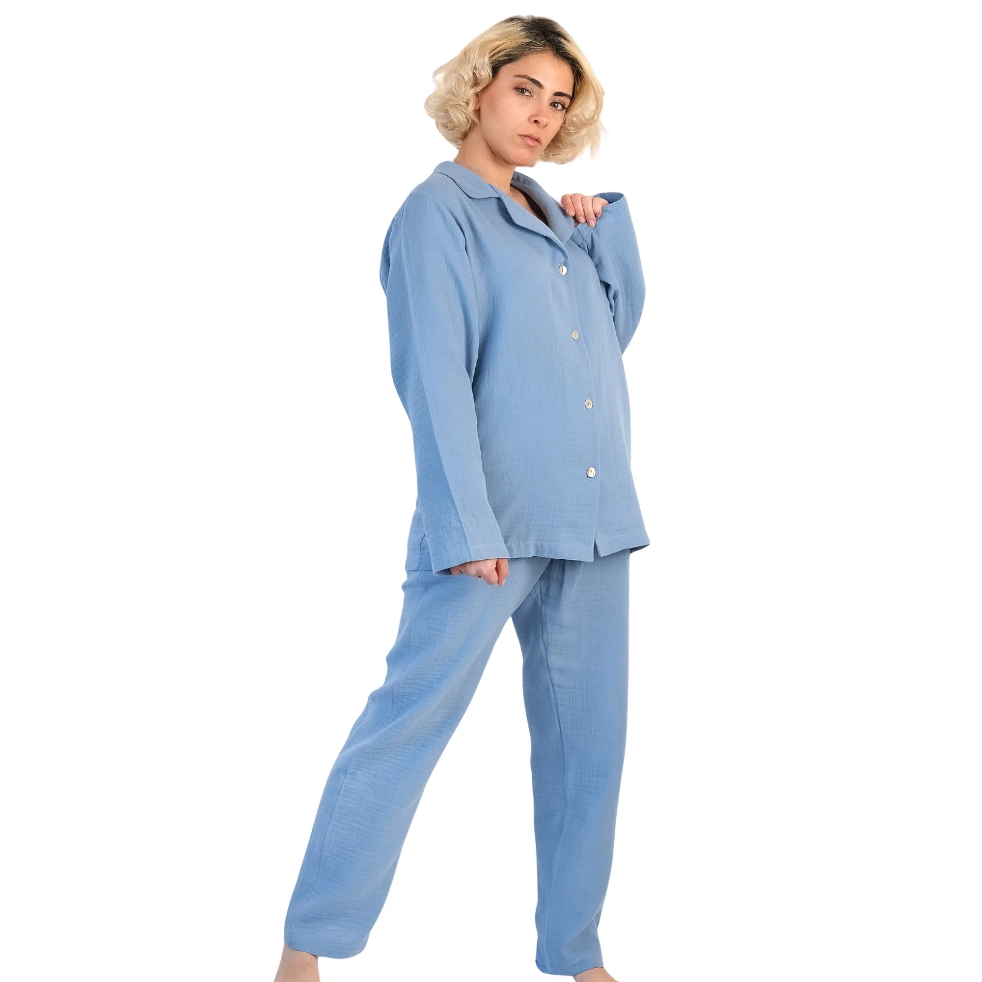 Zomerpyjama Voor Dames Set 100% Katoenen Mousseline Effen Blauwe Pyjama Plus Size Dames Nachtkleding Spaghettiband