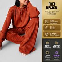 Conjunto de 2 Piezas de Punto Acanalado para Mujer FNJIA, Top de Manga Larga con Capucha y Cordón Ajustable, Pantalones Anchos, Ropa Casual de Punto