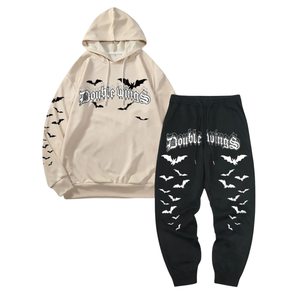 Ensemble de survêtement à capuche imprimé avec des ailes de chauve-souris, en molleton de coton, deux pièces, sweat-shirt et pantalon de jogging, streetwear d'hiver, unisexe, décontracté - Product Image 1