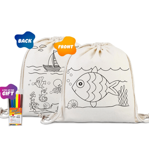 14 W X 16 H (35x 40 Cm) Reusable <b>Drawstring</b> Tote Bag Fish & Boat Printed Dyeable with Felt-tip Pen Cartoon Pattern - Product Image 1