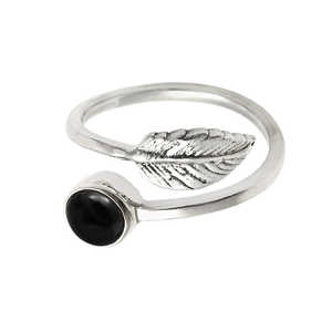 Bague en feuille de pierre précieuse d'onyx noir naturel en argent sterling 925, bijoux bohèmes à prix de gros, cadeau d'anniversaire pour fille - Product Image 1