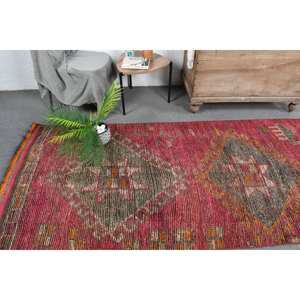 Alfombra Bohemia turca vintage de 3,5x10,6 pies, lana roja y marrón con patrones rectangulares de pasillo de retazos abstractos para entrada - Product Image 2