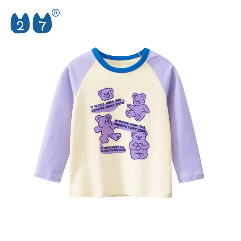 Ropa de manga larga para niños, camisetas informales de algodón con estampado de oso púrpura