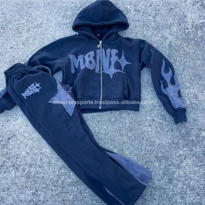 Ensemble de survêtements deux pièces personnalisé Survêtement brodé en détresse pour l'hiver Ensembles sweat à capuche zippé et veste Fabricant d'hommes - Product Image 3