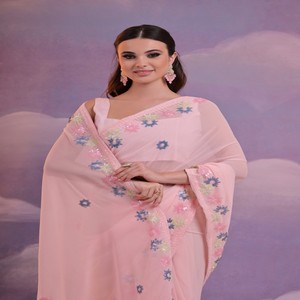 Dernier sari indien traditionnel exclusif en georgette douce, broderie imprimée, travail de séquence de zari, sari élégant pour mariage de mariée - Product Image 3