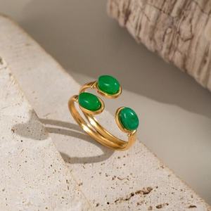 Cổ Điển Hollow Hai Lớp Mở C Hình Dạng Vòng 18K Mạ Vàng Thép Không Gỉ Ba Hình Bầu Dục Đá Tự Nhiên INlay Ngón Tay Vòng - Product Image 3