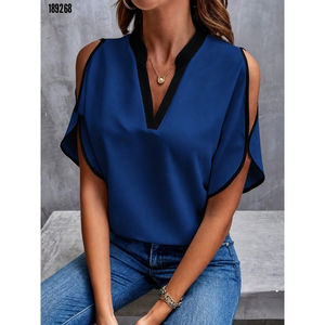 Chemisier en crêpe importé à manches courtes et col en V pour femme, 38349 - Bleu marine - Product Image 2
