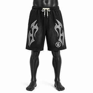 Top Selling Custom Men’s Black Streetwear Shorts OEM ODM Cotton Fleece Flame Graphic Print <b>Elastic</b> Waist Casual Shorts - Product Image 1