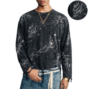 Luxury Rhinestone Flare Custom Graphic Long Sleeve <b>T</b>-shirt Acid Wash Oversized Cotton Streetwear Vintage Sparkly Men's shirts - Product Image 1