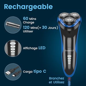 Rasoir électrique 2-en-1 pour homme, 2e génération, tête flottante, longue autonomie, utilisation humide/sèche, écran LED, triple lame, bleu foncé, IPX7 - Product Image 6