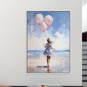 Printed <b>Canvas</b> Art: Dreamy Coastal Wall Decor with Pink Balloon,WHITE <b>FRAMED</b> <b>CANVAS</b> - Product Image 1