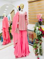 Ensemble Kurti Salwar Dupatta pour femme, rose pêche, brodé, en Georgette Fox épaisse, longueur ras du sol, tenue de soirée, costume ethnique festif