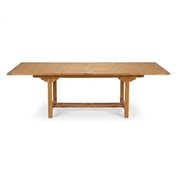 Table de salle à manger rectangulaire moderne extensible en teck massif durable pour l'extérieur, plateau à lattes, pieds sur pieds, rangement portable